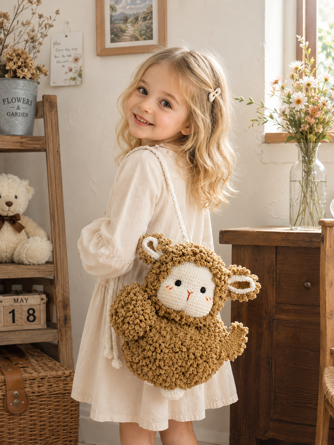 Handmade Crochet Lamb Bag – Cute Plush Sheep Crossbody Purse for Kids 🐑🤍