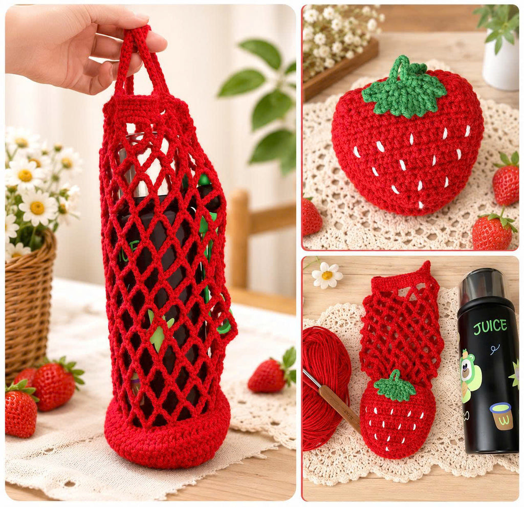 Handmade Crochet Mesh Water Bottle Bag – Fruit, Flower & Animal Designs
