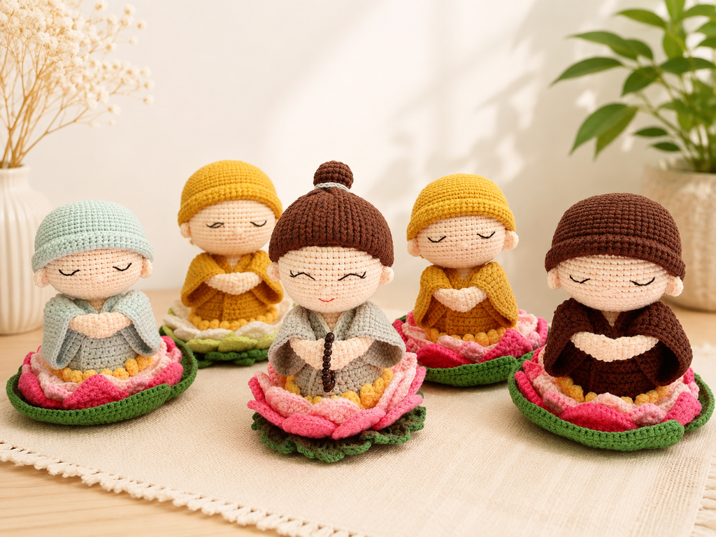 Crochet Little Monk Doll on Lotus | Handmade Amigurumi Meditation Decor & Gift