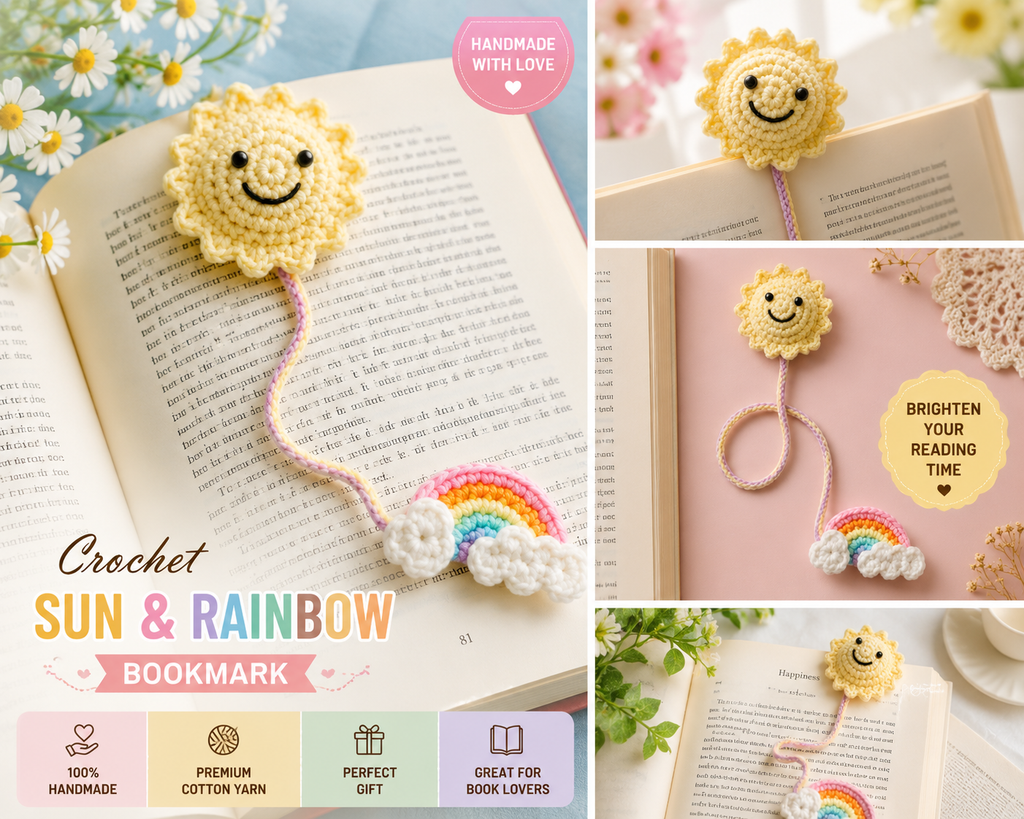 Crochet Sun Bookmark, Rainbow Book Marker, Handmade Crochet Bookmark, Cute Smiley Sun Gift, Teacher Gift, Book Lover Gift