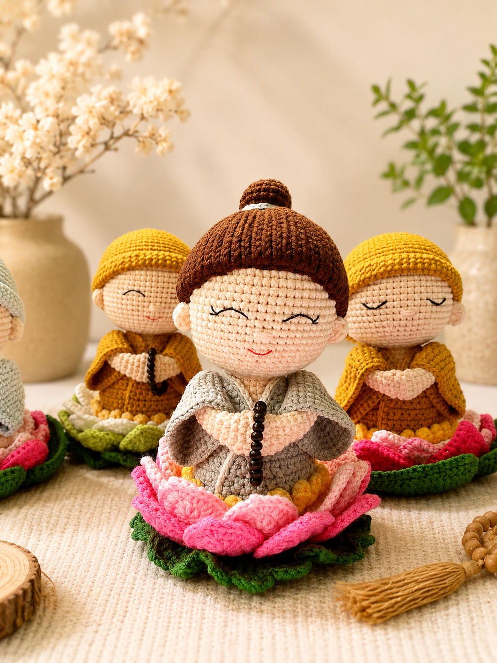 Crochet Little Monk Doll on Lotus | Handmade Amigurumi Meditation Decor & Gift