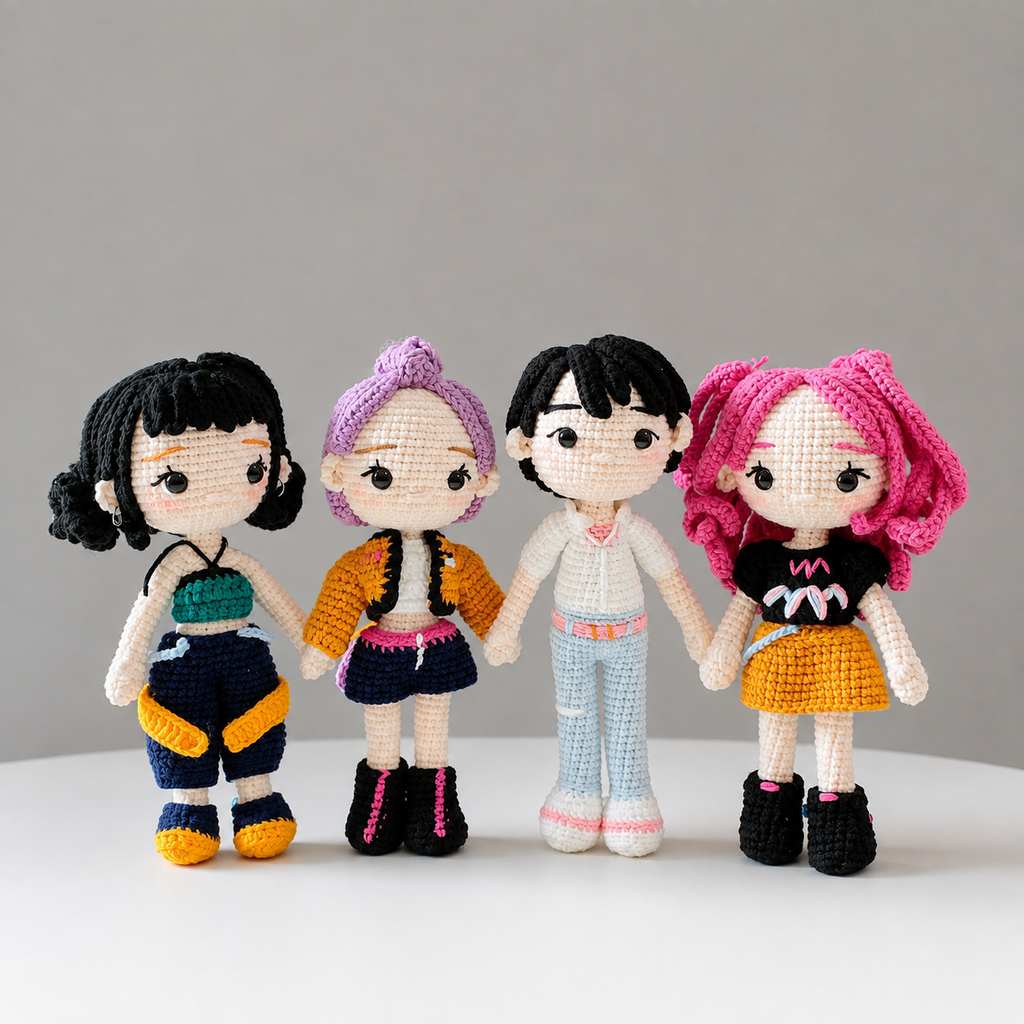 Kpop Inspired Crochet Doll Set of 4 – Handmade Amigurumi Collection Gift