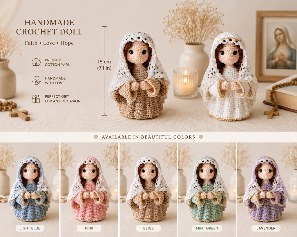 Virgin Mary Crochet Doll, Handmade Catholic Amigurumi Gift, Blessed Mother Religious Decor, Christian Gift, 7 Inch Mary Doll