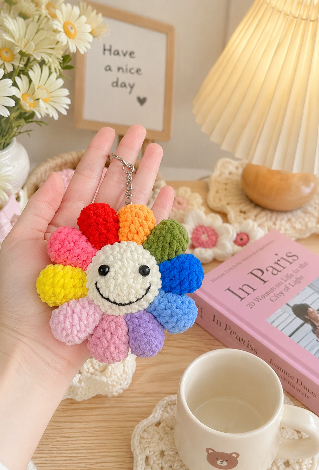 Smiley Flower Keychain | Cute Crochet Daisy Keychain