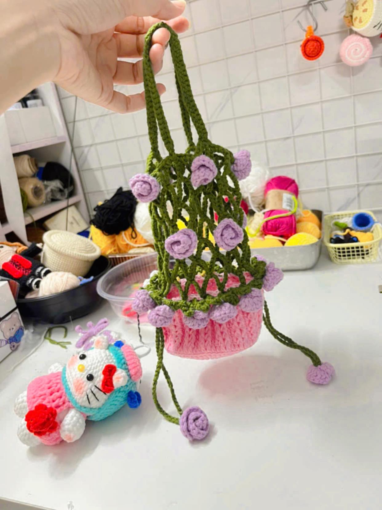 Handmade Crochet Mesh Water Bottle Bag – Fruit, Flower & Animal Designs