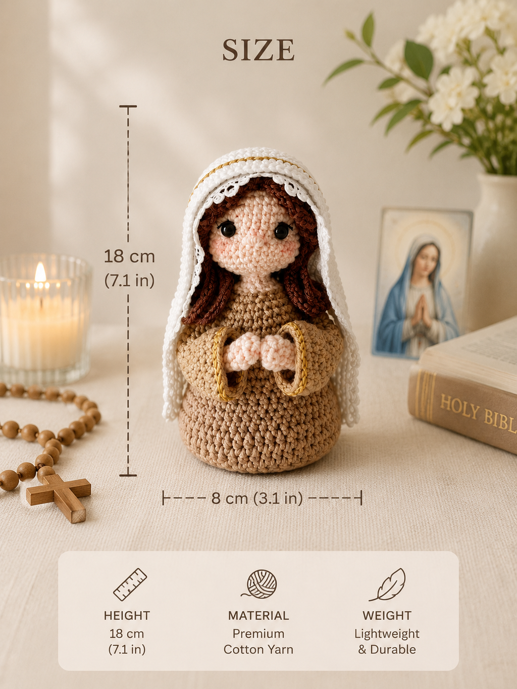 Virgin Mary Crochet Doll, Handmade Catholic Amigurumi Gift, Blessed Mother Religious Decor, Christian Gift, 7 Inch Mary Doll