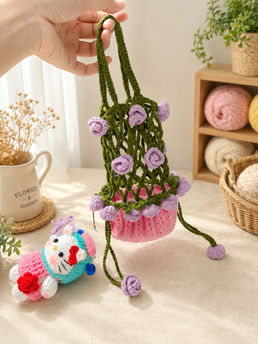 Handmade Crochet Mesh Water Bottle Bag – Fruit, Flower & Animal Designs