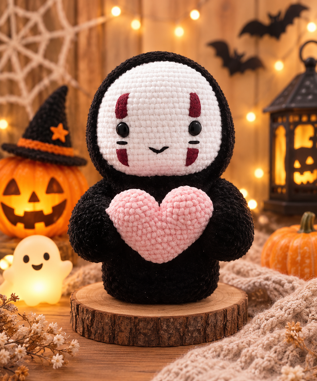 Faceless Spirit Crochet Plush with Heart – Handmade Amigurumi Fantasy Doll Gift