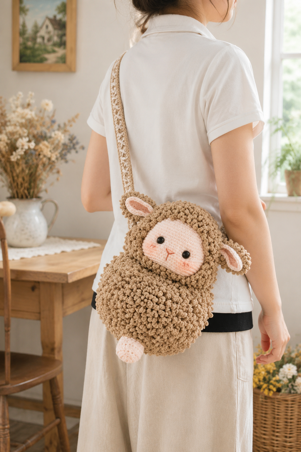 Handmade Crochet Lamb Bag – Cute Plush Sheep Crossbody Purse for Kids 🐑🤍