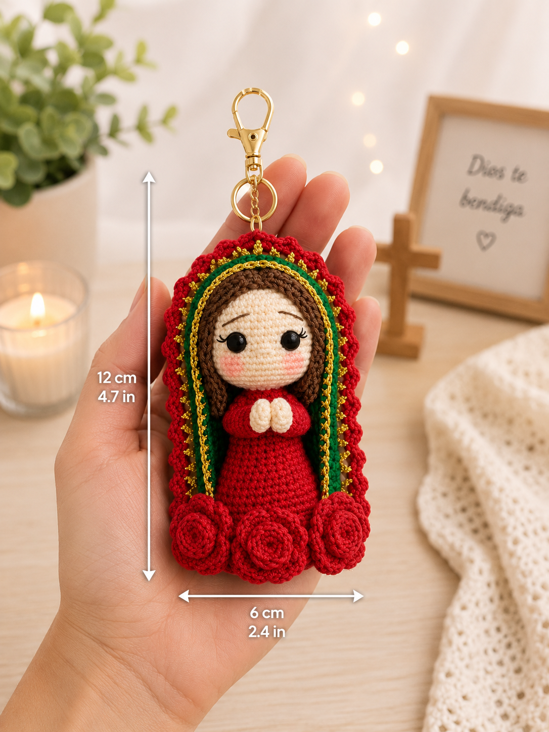 Our Lady of Guadalupe Crochet Keychain, Handmade Amigurumi Catholic Gift, Virgin Mary Plush Bag Charm