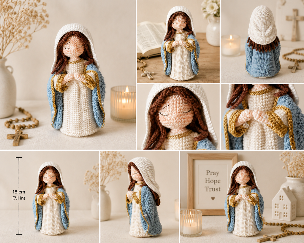 Handmade Virgin Mary Crochet Doll, Catholic Amigurumi Gift, Blessed Mother Decor, Christian Religious Gift, 7 Inch Mary Doll