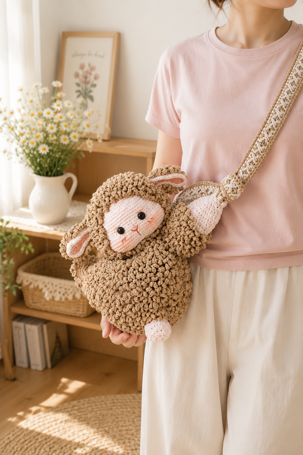 Handmade Crochet Lamb Bag – Cute Plush Sheep Crossbody Purse for Kids 🐑🤍