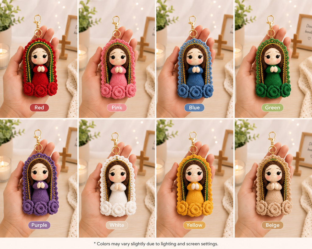 Our Lady of Guadalupe Crochet Keychain, Handmade Amigurumi Catholic Gift, Virgin Mary Plush Bag Charm