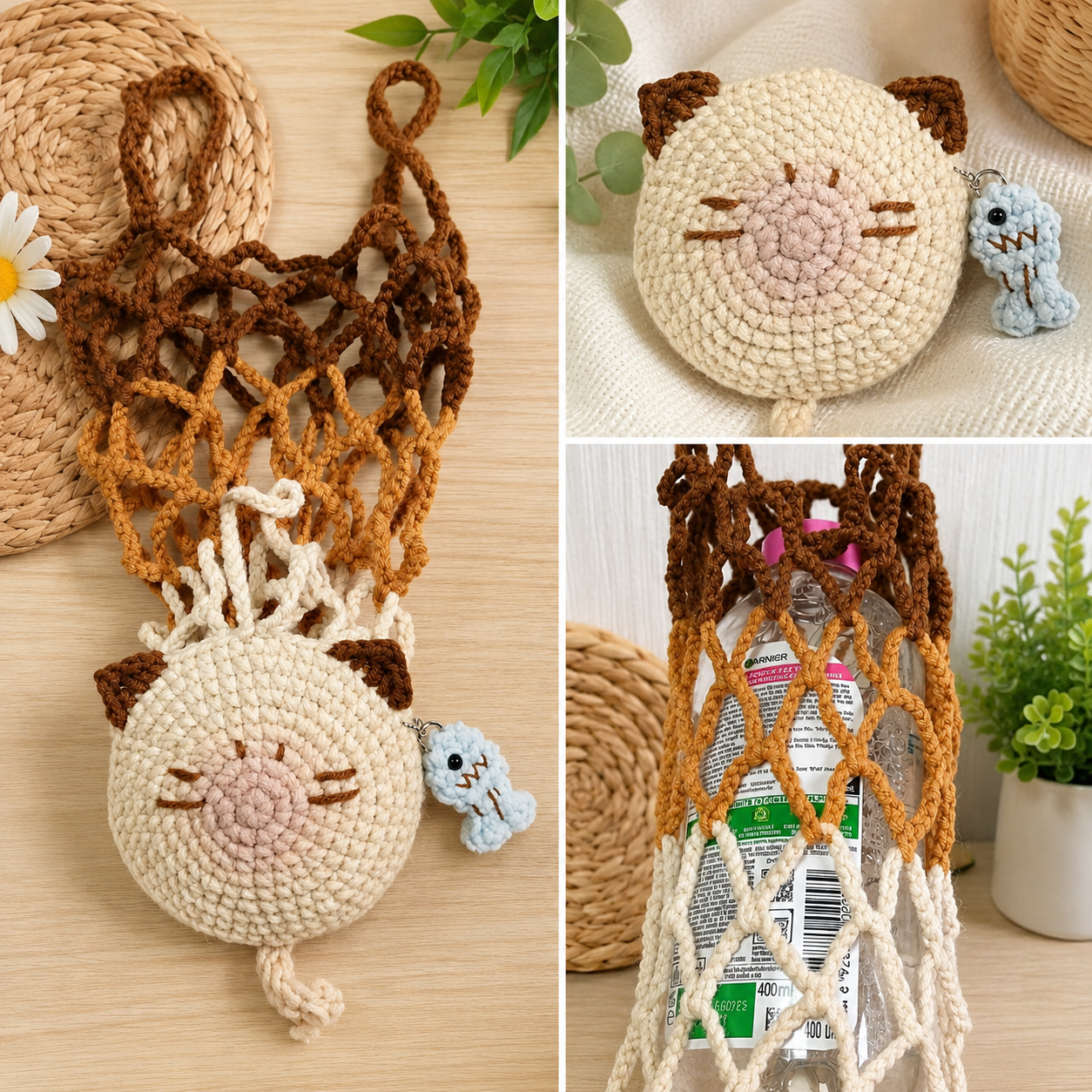 Handmade Crochet Mesh Water Bottle Bag – Fruit, Flower & Animal Designs