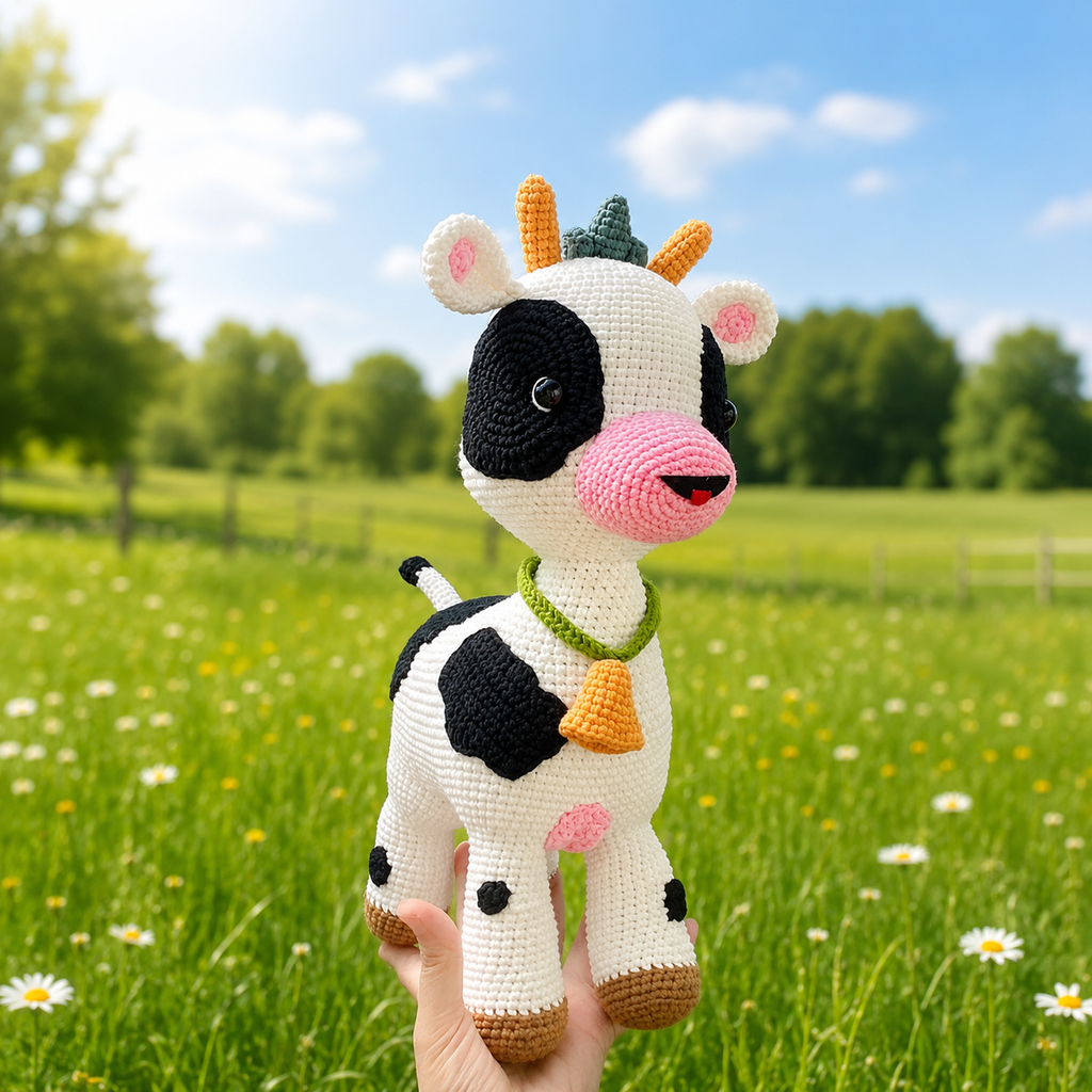 Handmade Crochet Cow Plush – Large Amigurumi Cow Stuffed Animal