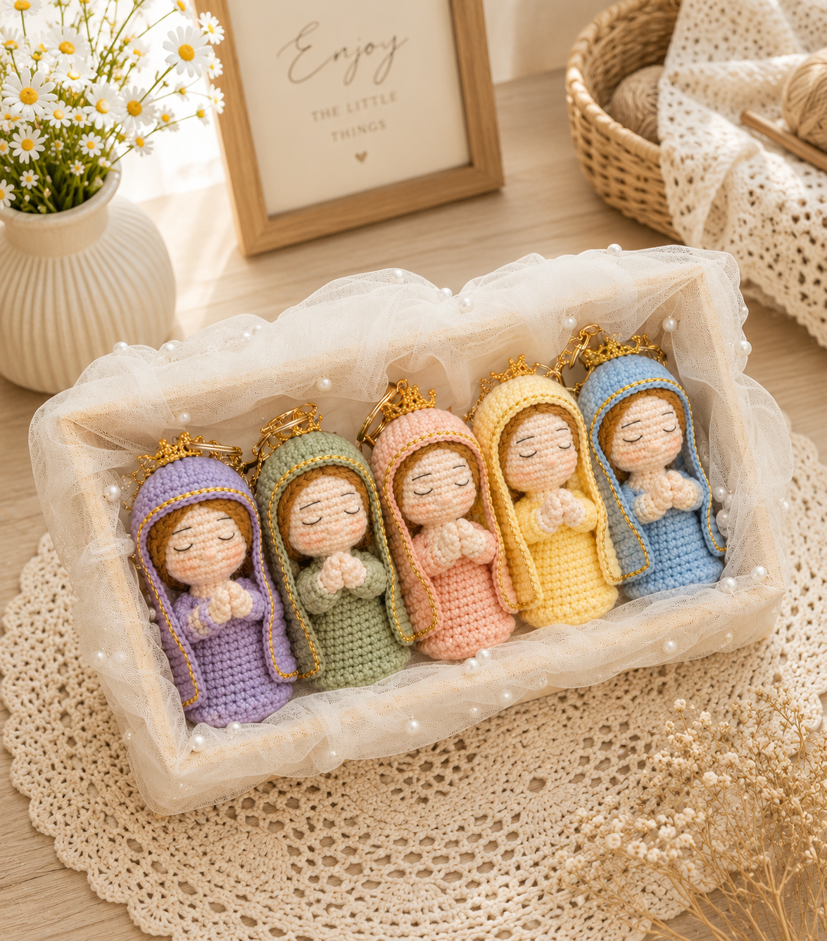 Handmade Crochet Virgin Mary Keychain | Catholic Gift | Amigurumi Religious Keychain