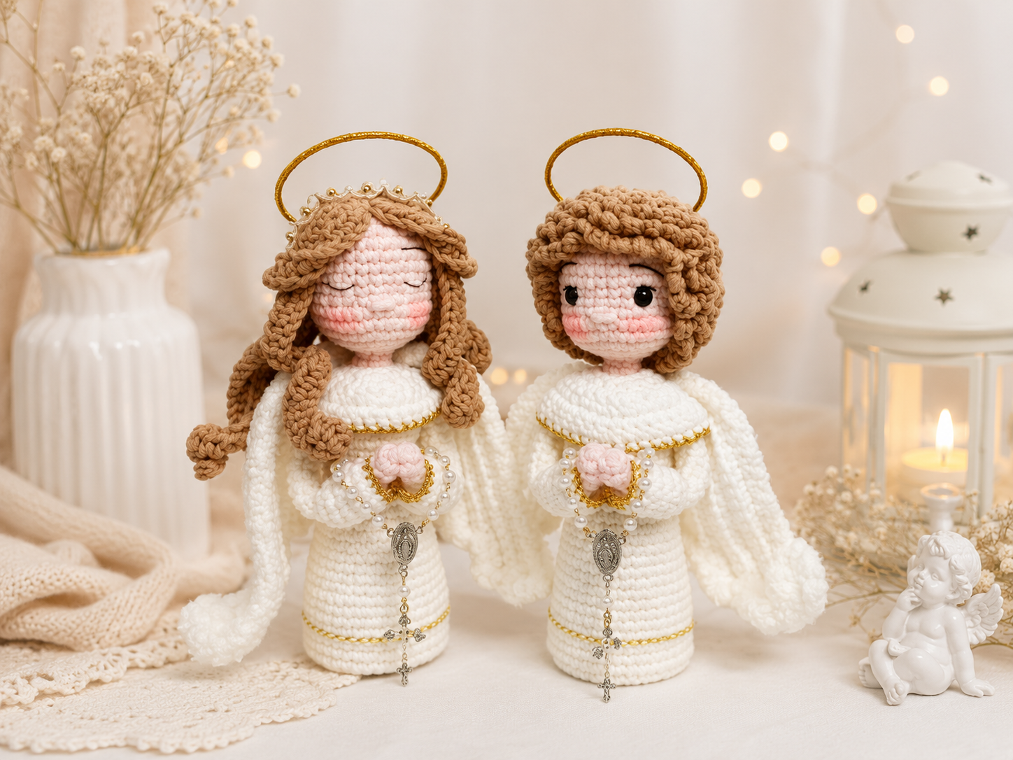 Handmade Angel Amigurumi Dolls – Crochet Guardian Angel Couple – Unique Religious Gift & Home Decoration