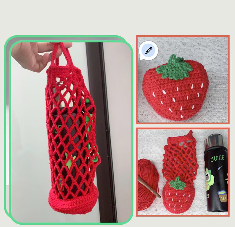 Handmade Crochet Mesh Water Bottle Bag – Fruit, Flower & Animal Designs