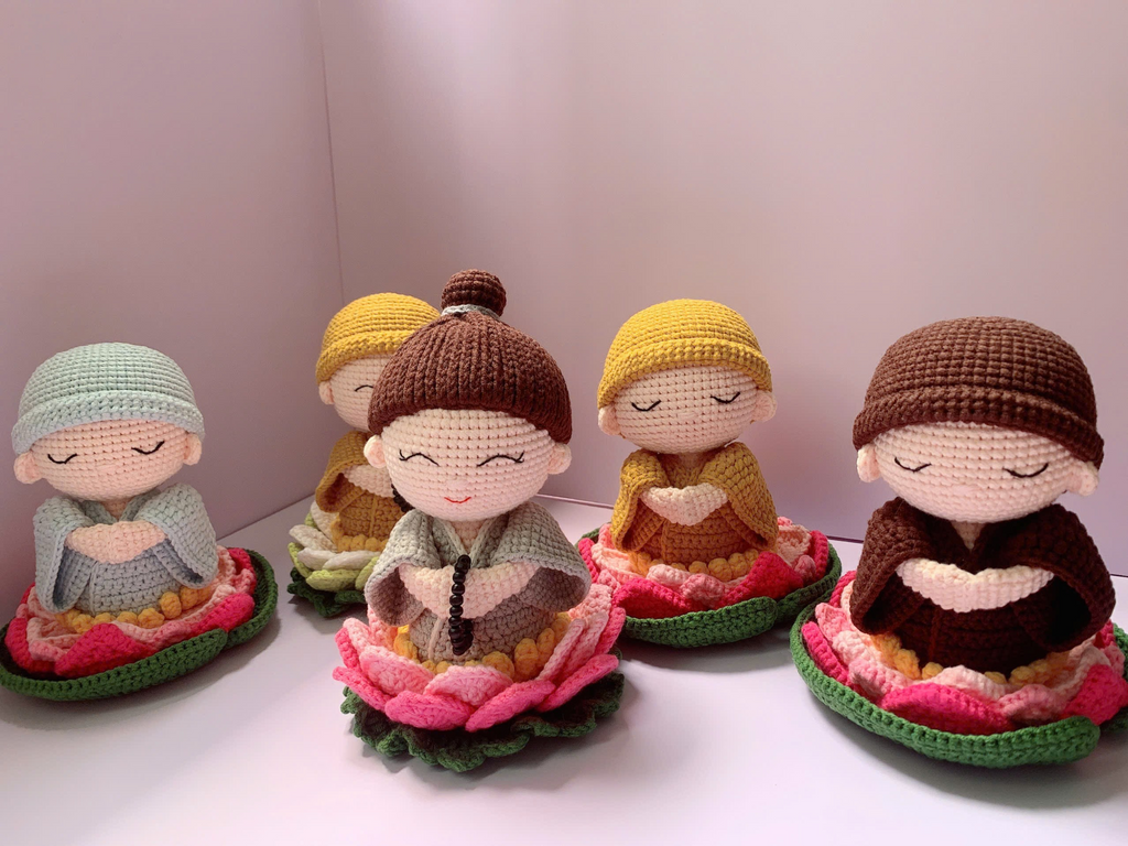 Crochet Little Monk Doll on Lotus | Handmade Amigurumi Meditation Decor & Gift