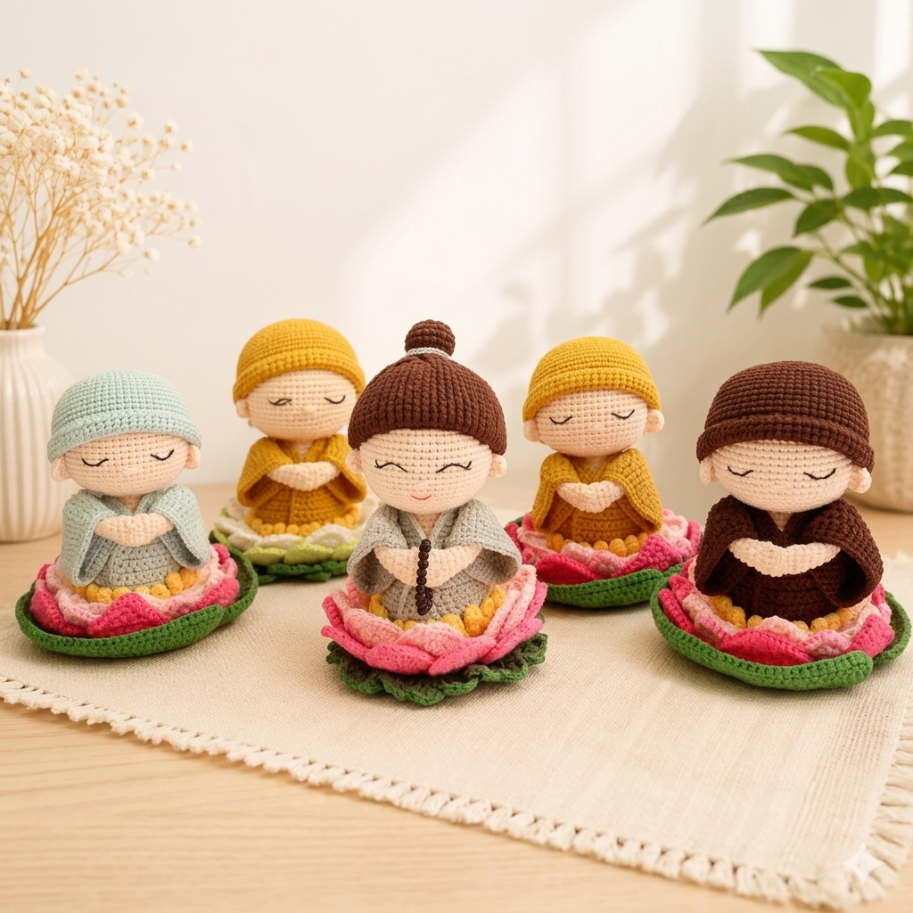 Crochet Little Monk Doll on Lotus | Handmade Amigurumi Meditation Decor & Gift