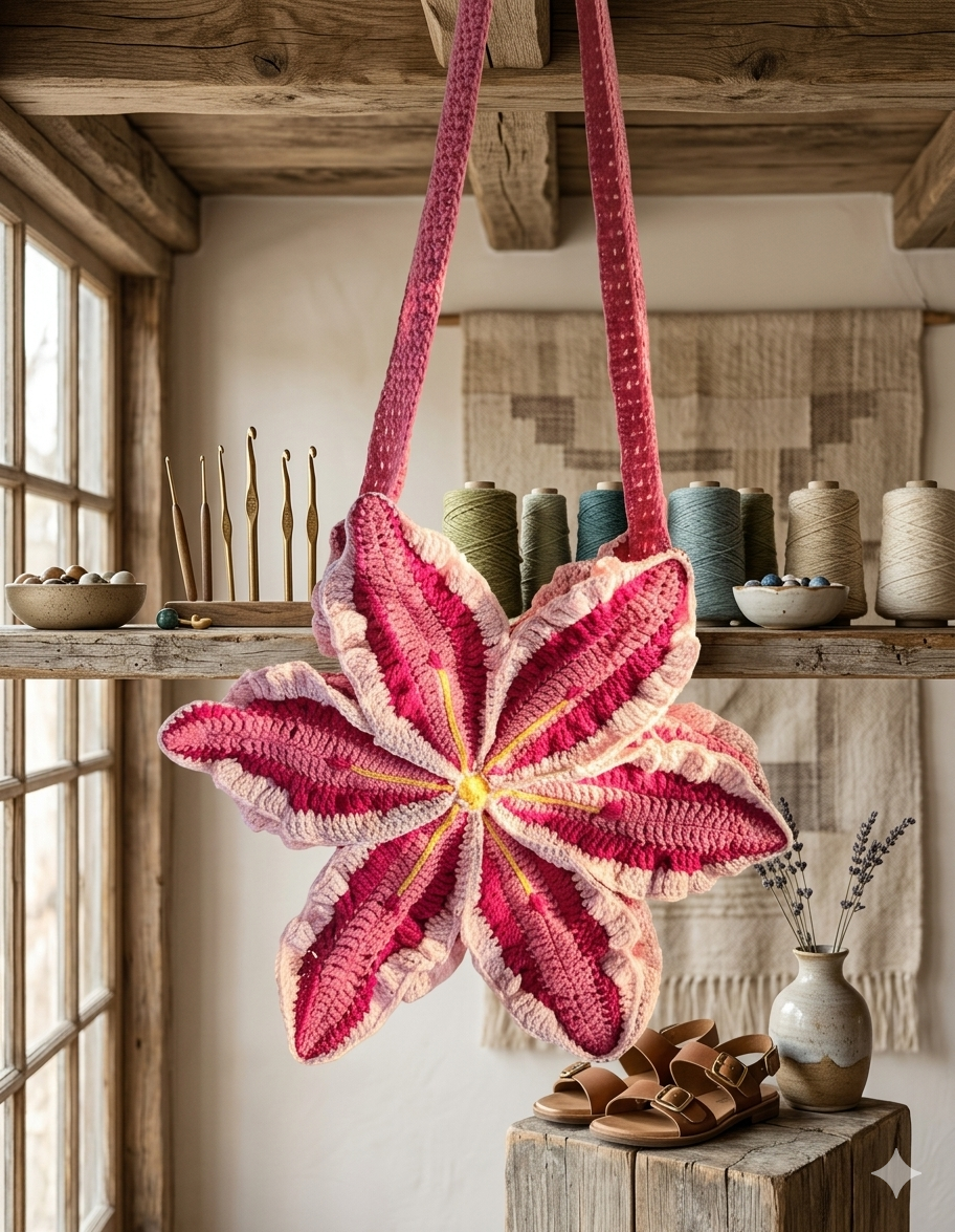 Lily Crochet Bag, Crochet 3d Flower Bag, Halloween Bag, Pink Blue Lily Flower Shoulder Bag, Puffy Flower Bag, Handmade Gift,Beach Summer Bag