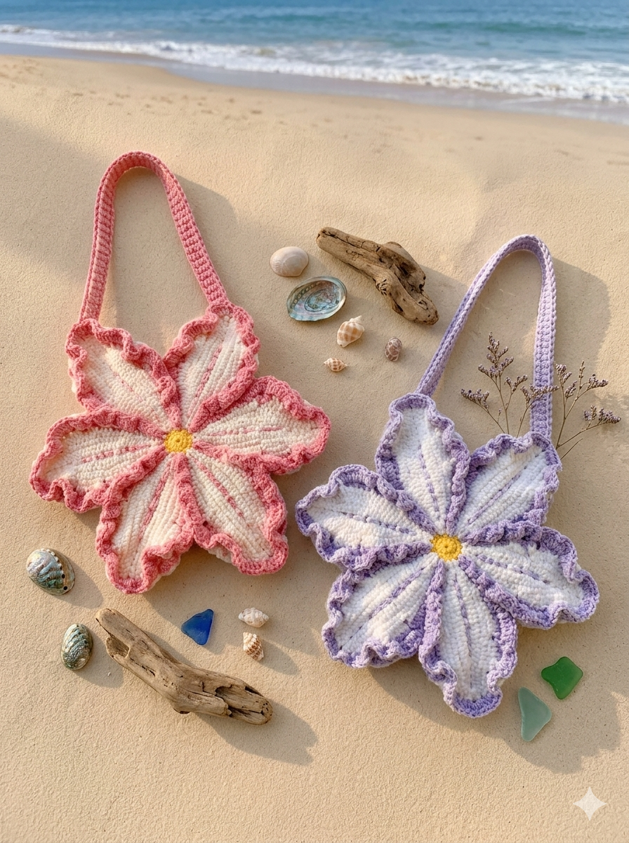 Lily Crochet Bag, Crochet 3d Flower Bag, Halloween Bag, Pink Blue Lily Flower Shoulder Bag, Puffy Flower Bag, Handmade Gift,Beach Summer Bag