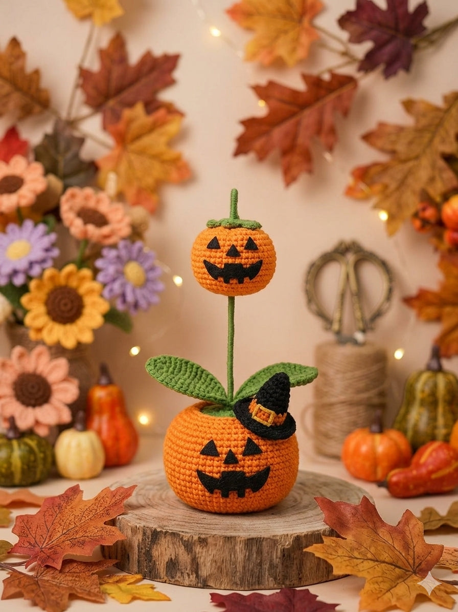 Crochet Pumpkin Car Accessory | Cute Jack O Lantern Desk Decor | Fall Crochet Potted Plant | Spooky Pumpkin Car Plants Gift | Halloween Aesthetic Room Decor
