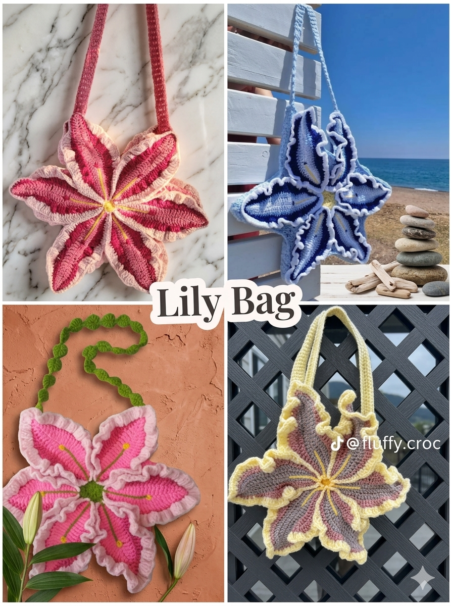 Lily Crochet Bag, Crochet 3d Flower Bag, Halloween Bag, Pink Blue Lily Flower Shoulder Bag, Puffy Flower Bag, Handmade Gift,Beach Summer Bag