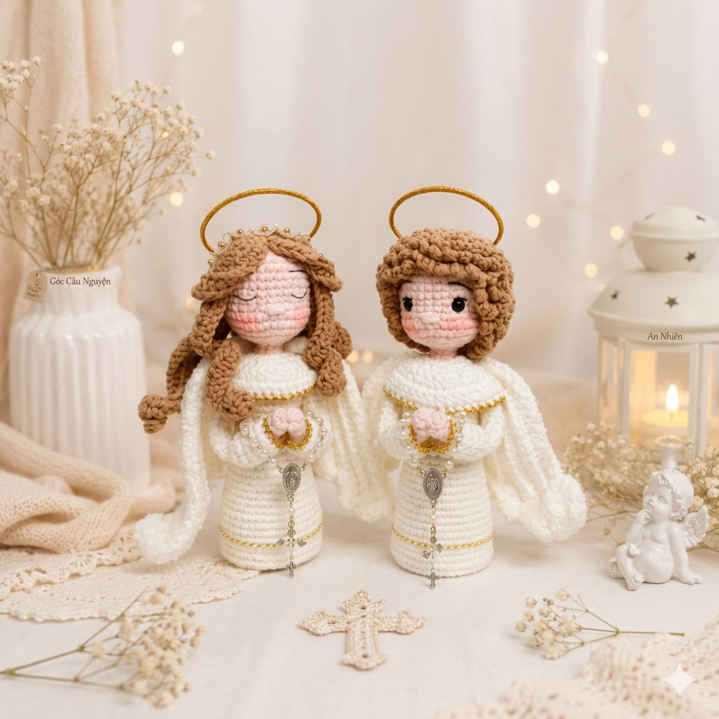 Handmade Angel Amigurumi Dolls – Crochet Guardian Angel Couple – Unique Religious Gift & Home Decoration