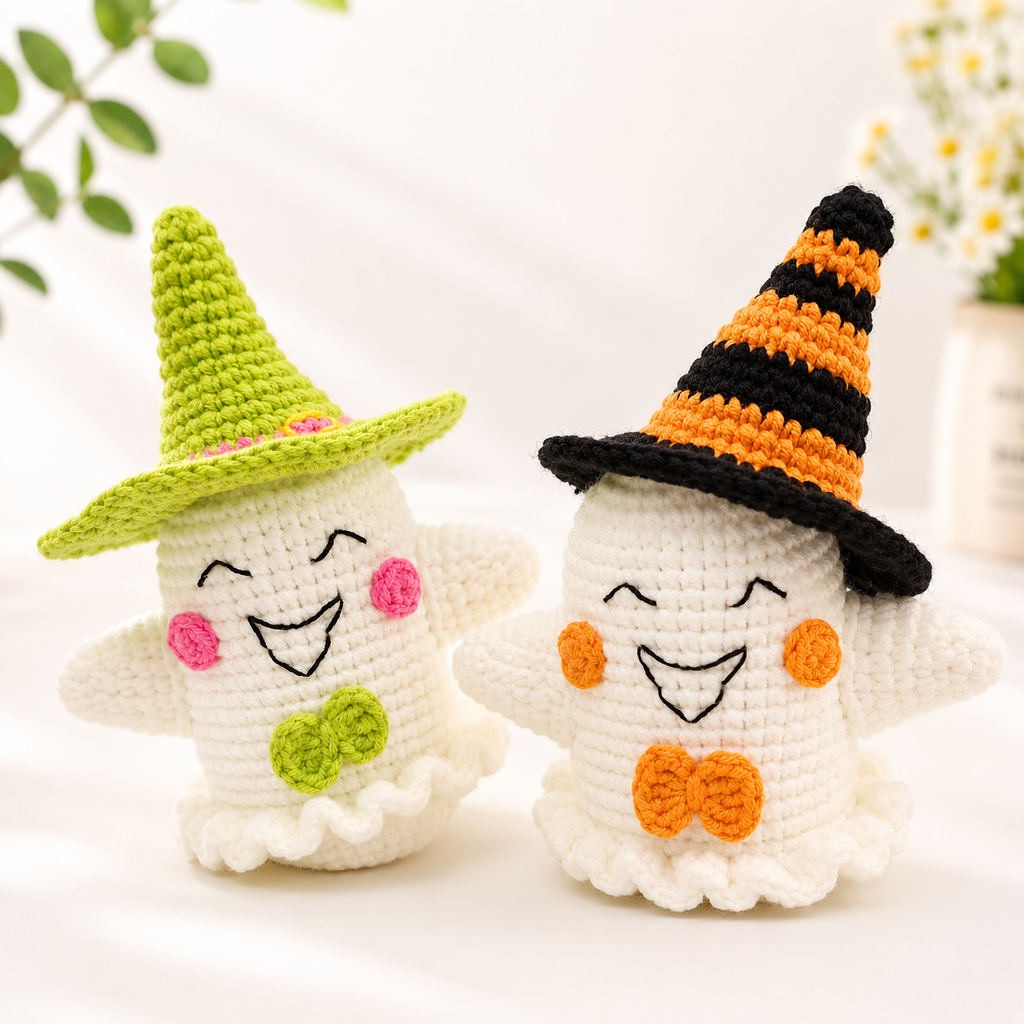 Handmade Crochet Halloween Ghost Plush – Cute Witch Hat Amigurumi