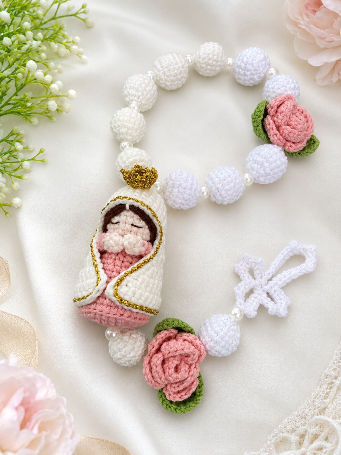 Handmade Crochet Baby Jesus Rosary | Amigurumi Catholic Rosary with Roses | First Communion, Baptism & Christian Gift