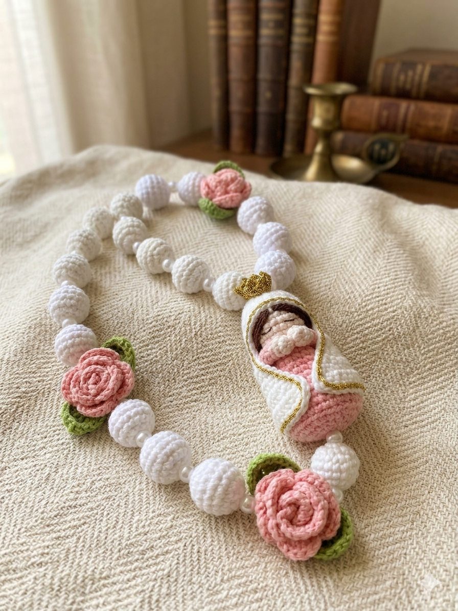 Handmade Crochet Baby Jesus Rosary | Amigurumi Catholic Rosary with Roses | First Communion, Baptism & Christian Gift