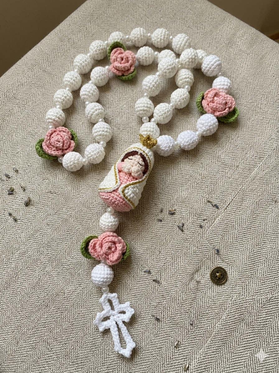 Handmade Crochet Baby Jesus Rosary | Amigurumi Catholic Rosary with Roses | First Communion, Baptism & Christian Gift