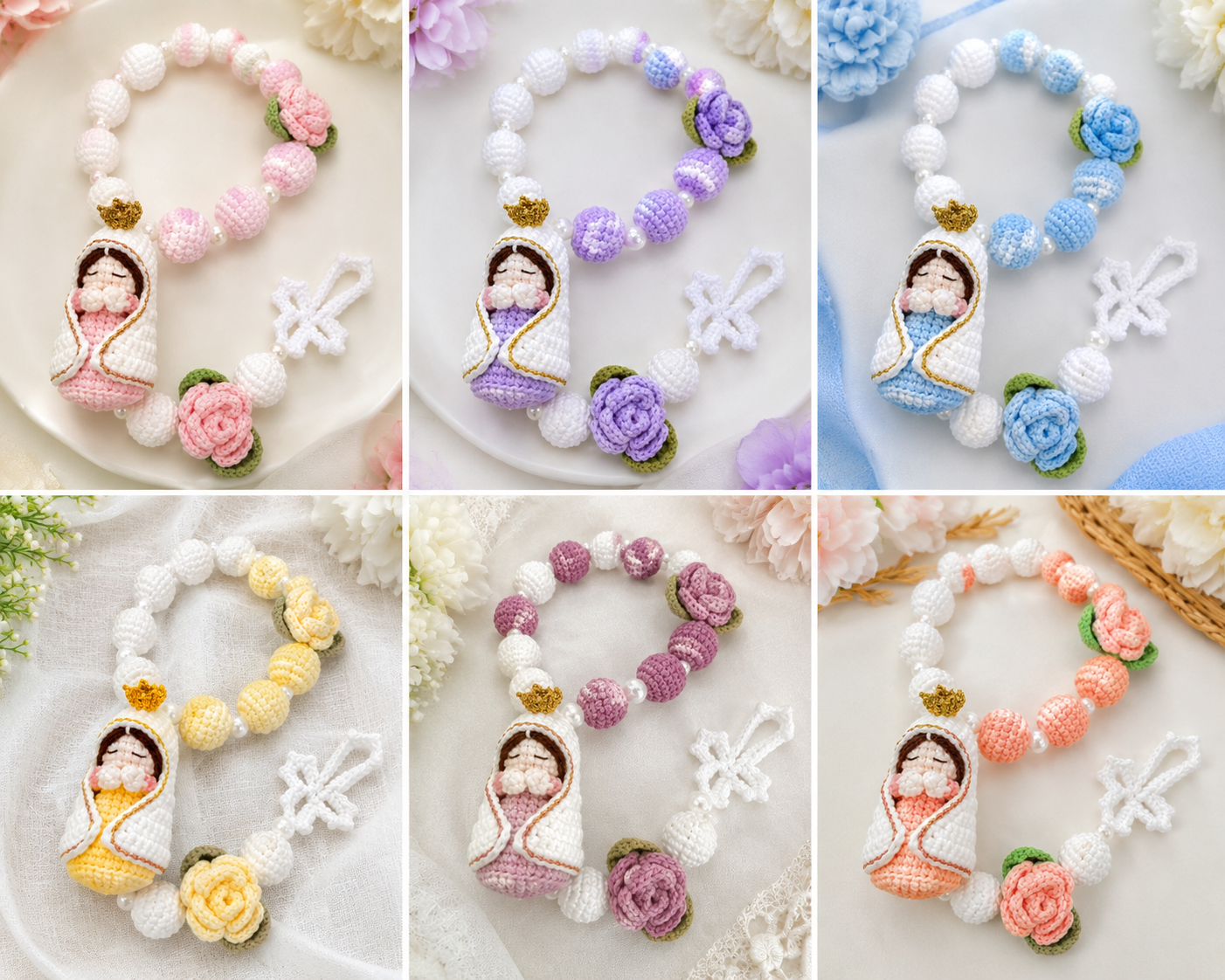 Handmade Crochet Baby Jesus Rosary | Amigurumi Catholic Rosary with Roses | First Communion, Baptism & Christian Gift