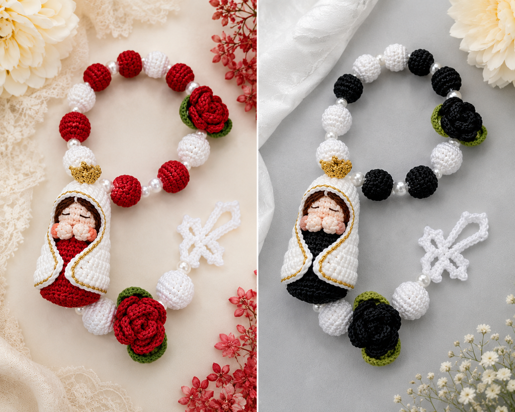 Handmade Crochet Baby Jesus Rosary | Amigurumi Catholic Rosary with Roses | First Communion, Baptism & Christian Gift