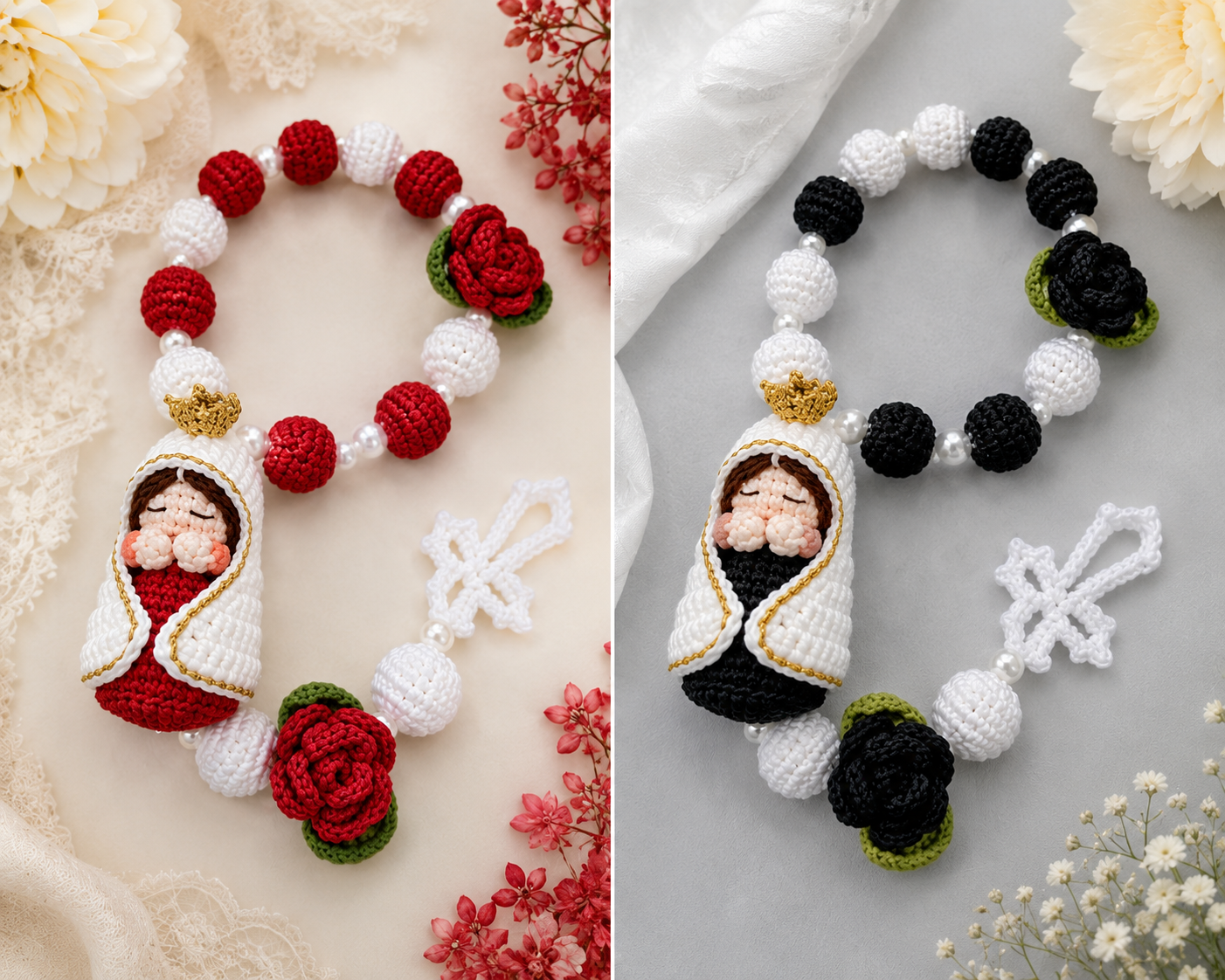 Handmade Crochet Baby Jesus Rosary | Amigurumi Catholic Rosary with Roses | First Communion, Baptism & Christian Gift