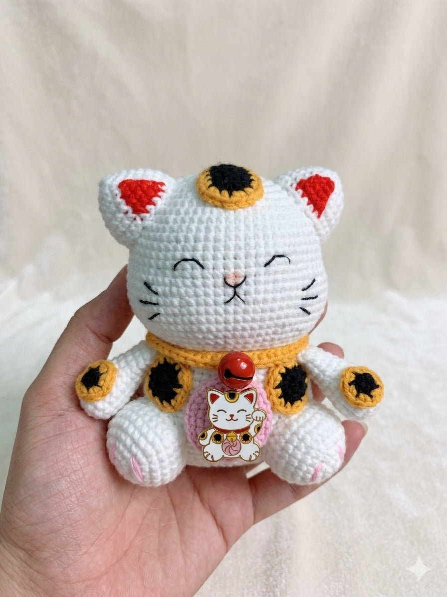 Cute Handmade Crochet Lucky Cat Plush | Amigurumi Maneki Neko Gift | Custom Crochet Cat Doll