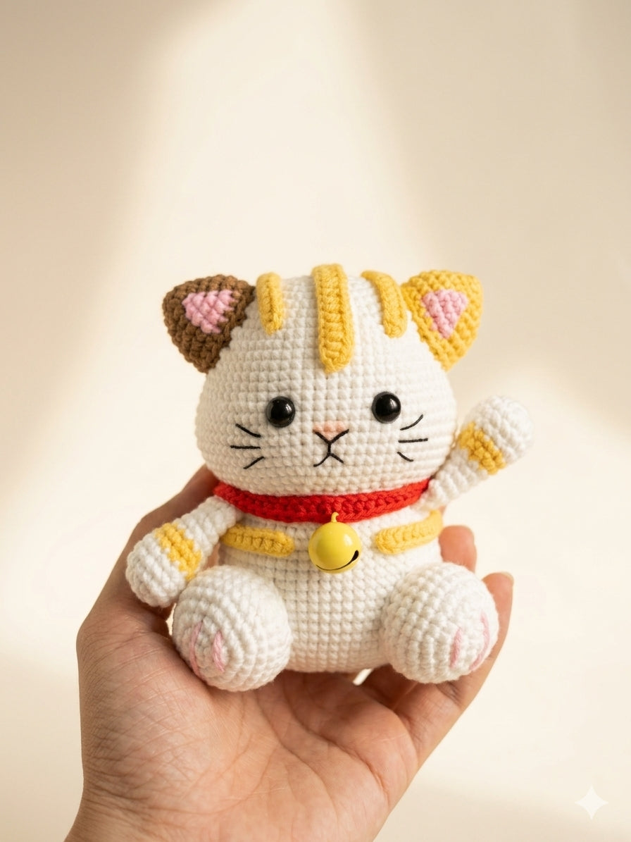 Cute Handmade Crochet Lucky Cat Plush | Amigurumi Maneki Neko Gift | Custom Crochet Cat Doll
