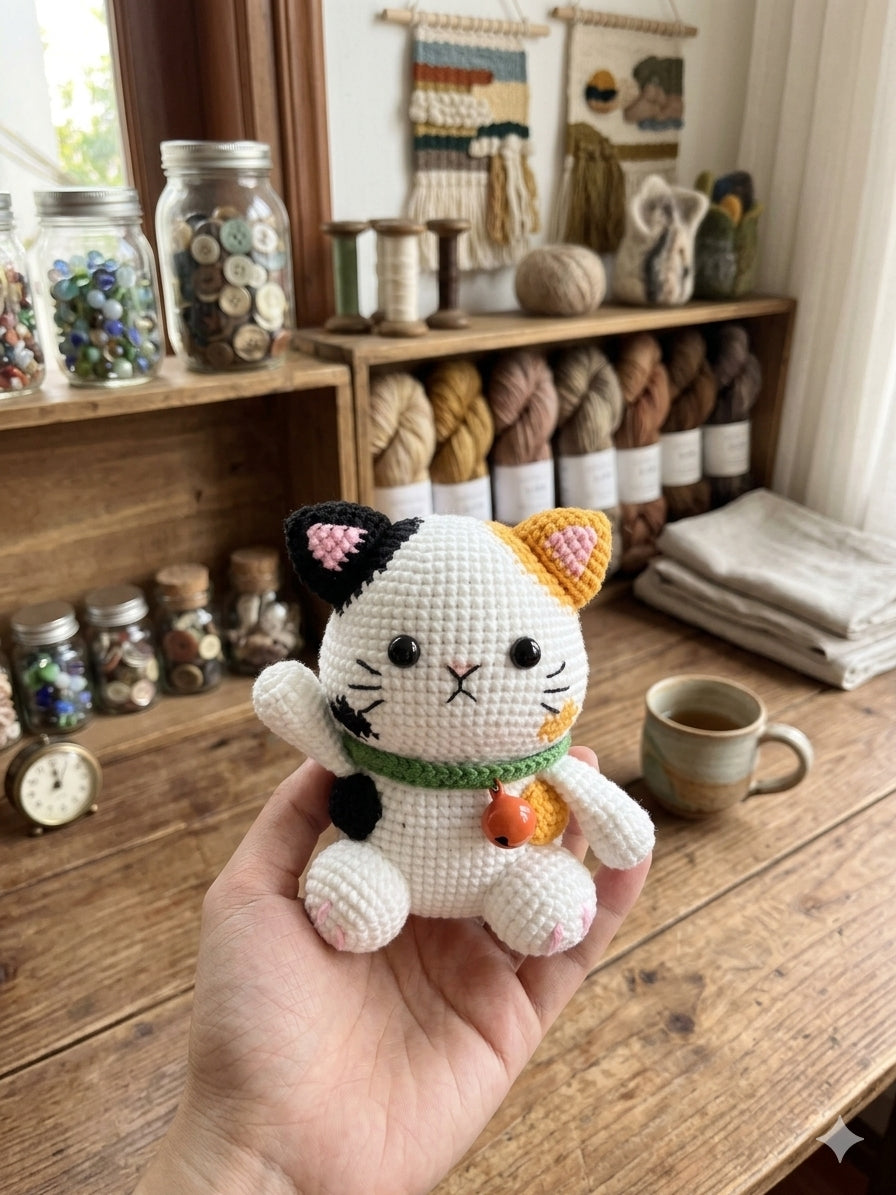 Cute Handmade Crochet Lucky Cat Plush | Amigurumi Maneki Neko Gift | Custom Crochet Cat Doll