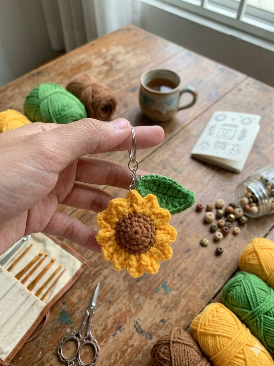 Handmade Crochet Sunflower Keychain | Cute Amigurumi Flower Bag Charm
