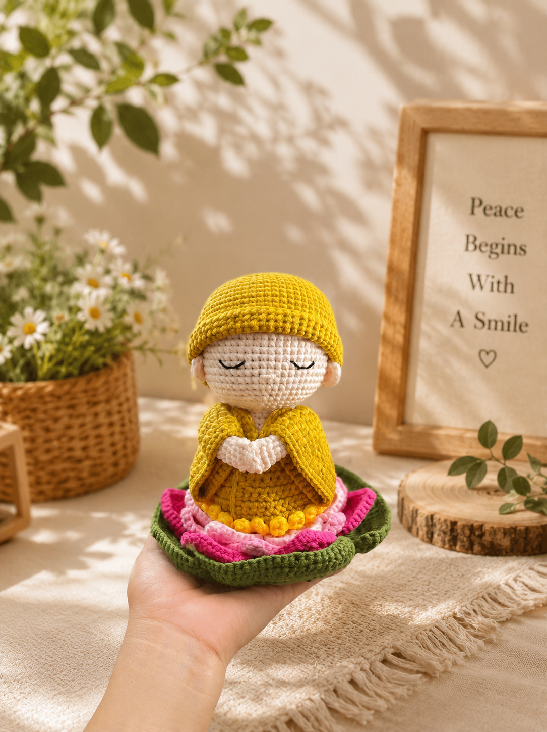 Crochet Little Monk Doll on Lotus | Handmade Amigurumi Meditation Decor & Gift