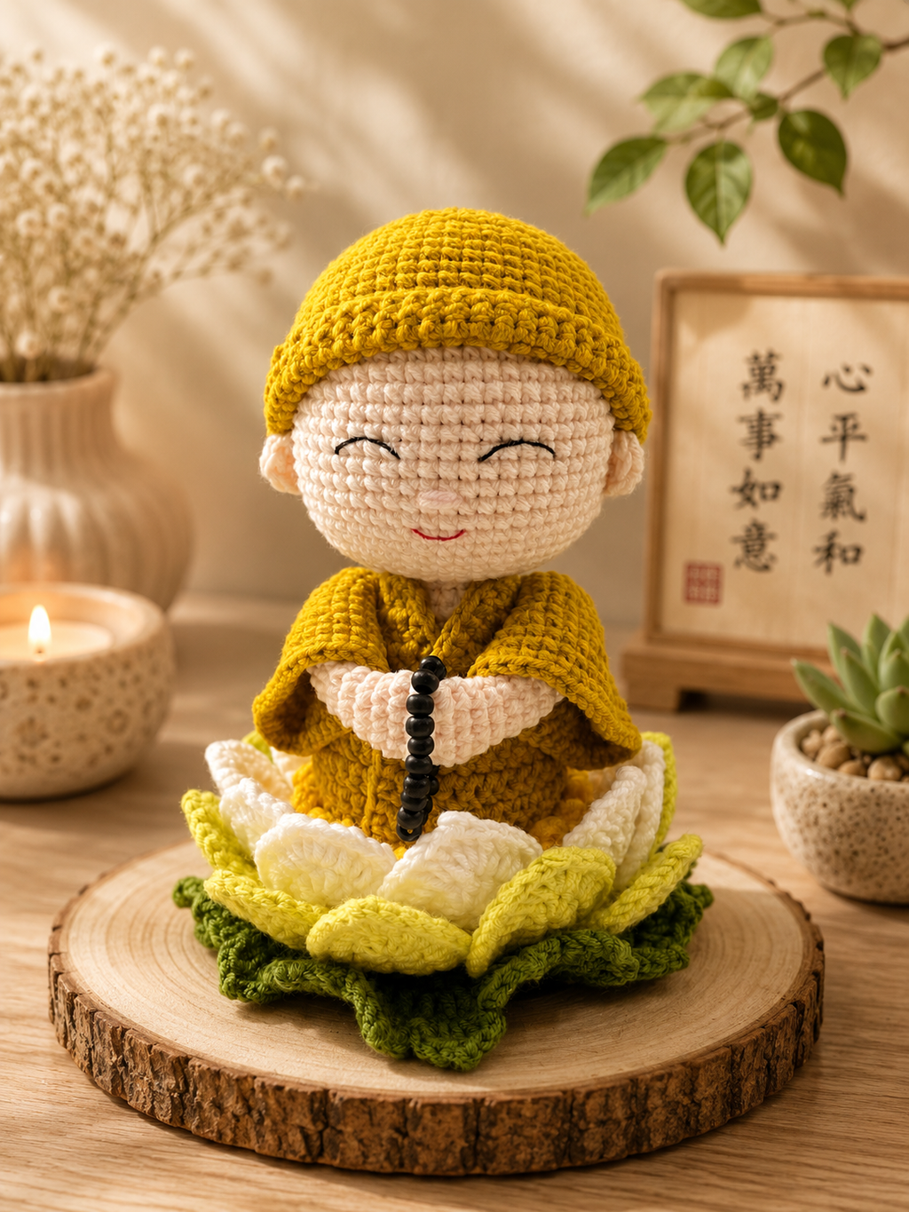 Crochet Little Monk Doll on Lotus | Handmade Amigurumi Meditation Decor & Gift
