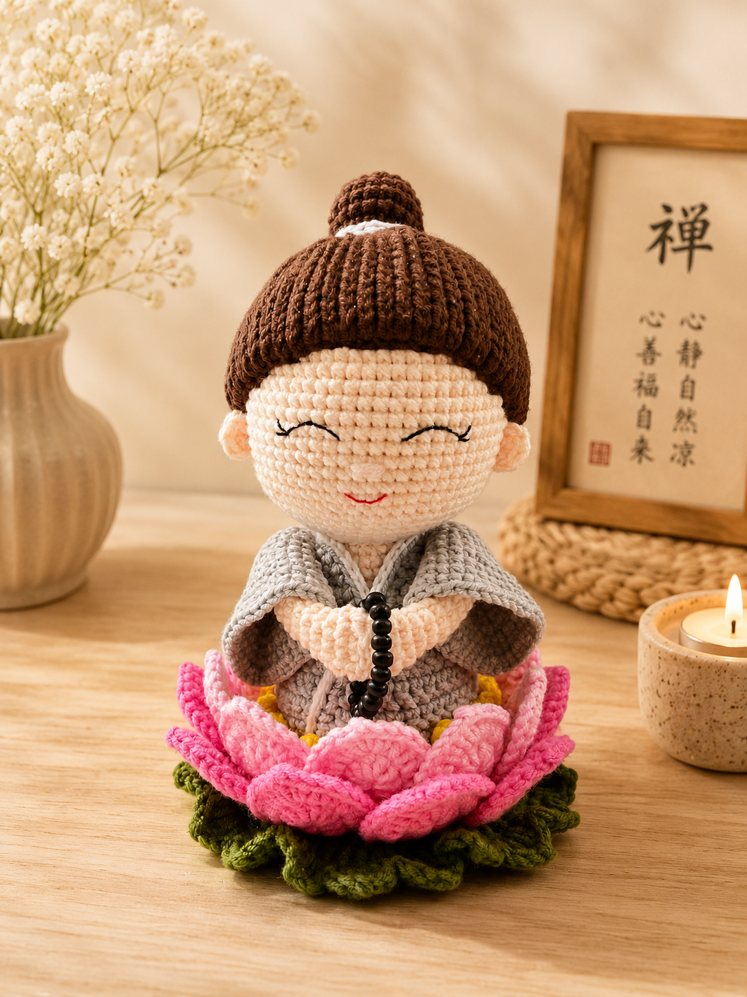 Crochet Little Monk Doll on Lotus | Handmade Amigurumi Meditation Decor & Gift