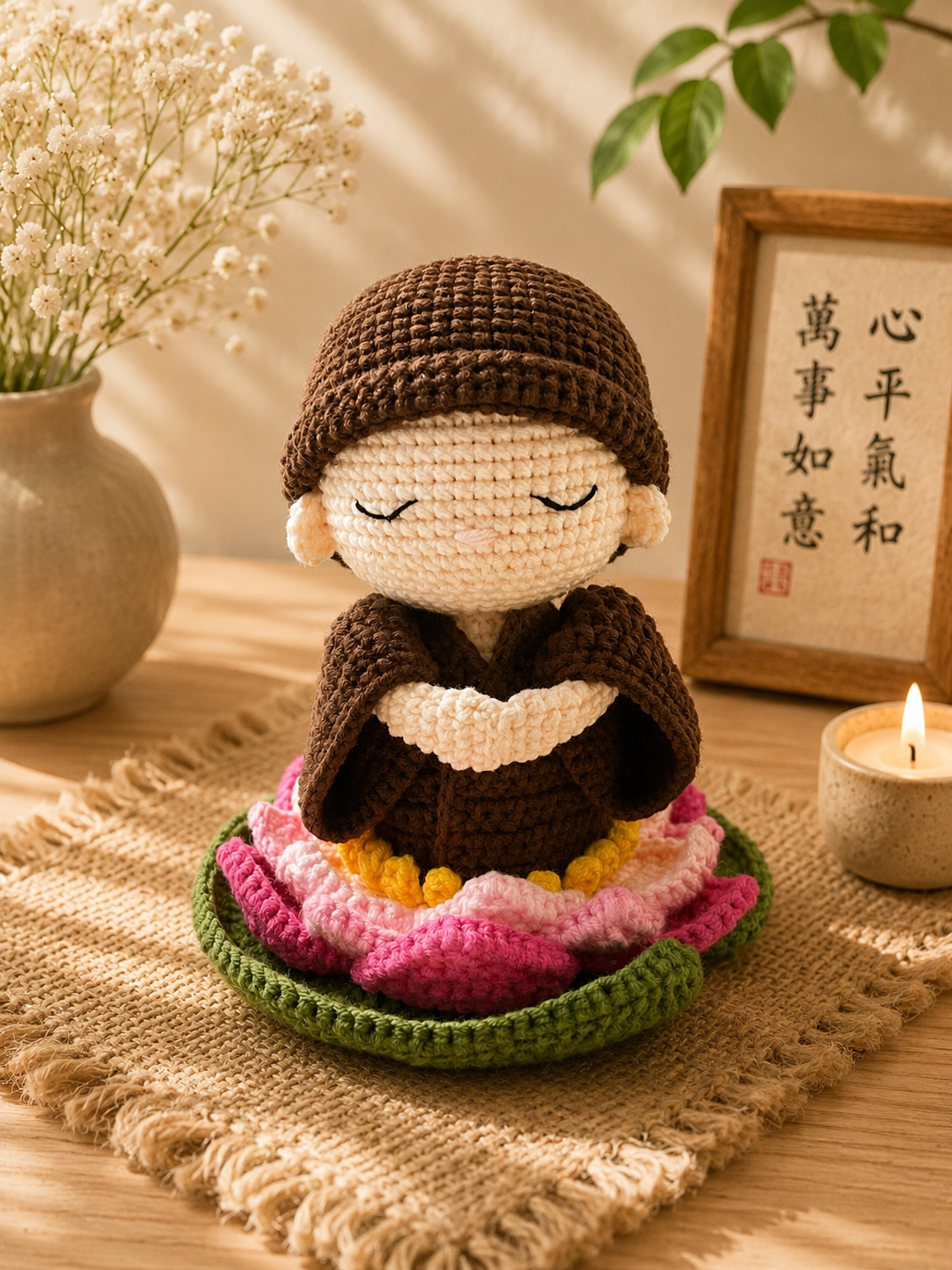 Crochet Little Monk Doll on Lotus | Handmade Amigurumi Meditation Decor & Gift