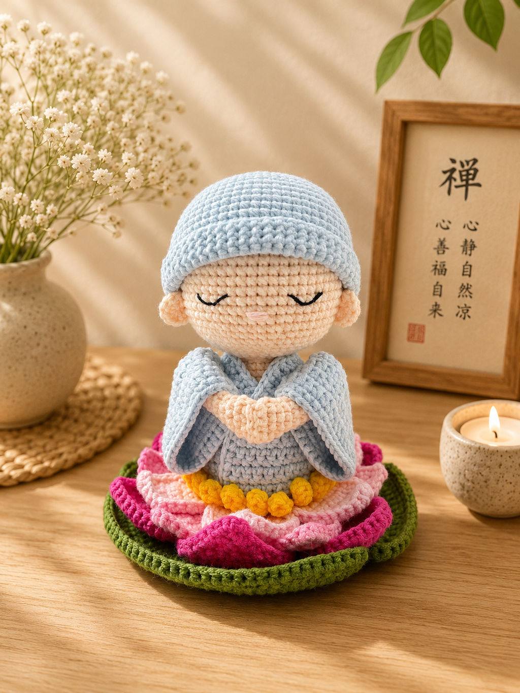 Crochet Little Monk Doll on Lotus | Handmade Amigurumi Meditation Decor & Gift
