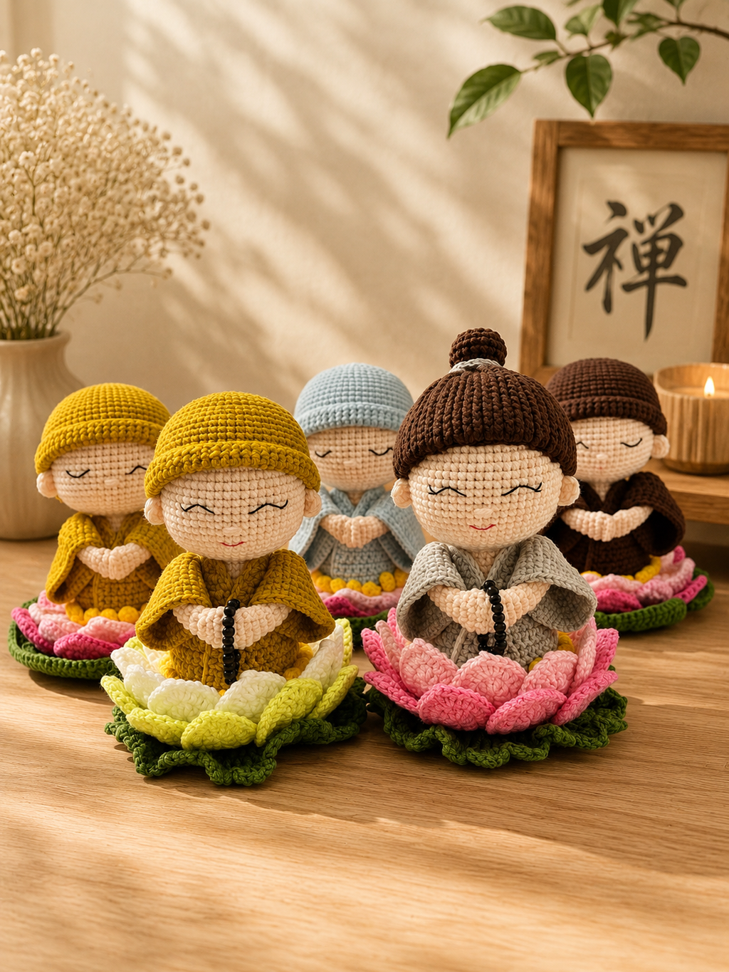 Crochet Little Monk Doll on Lotus | Handmade Amigurumi Meditation Decor & Gift
