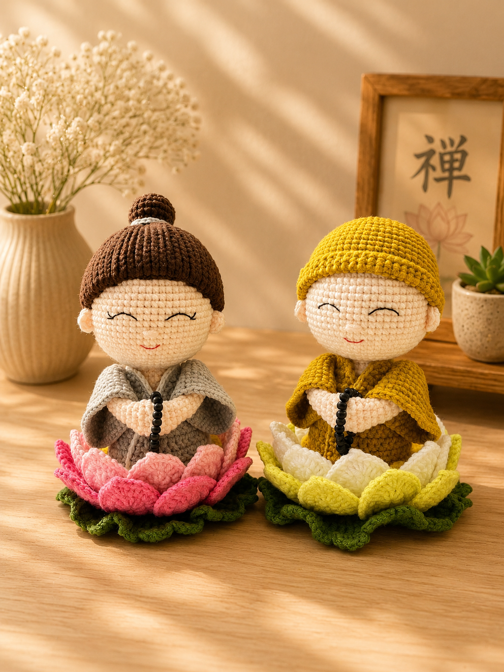 Crochet Little Monk Doll on Lotus | Handmade Amigurumi Meditation Decor & Gift