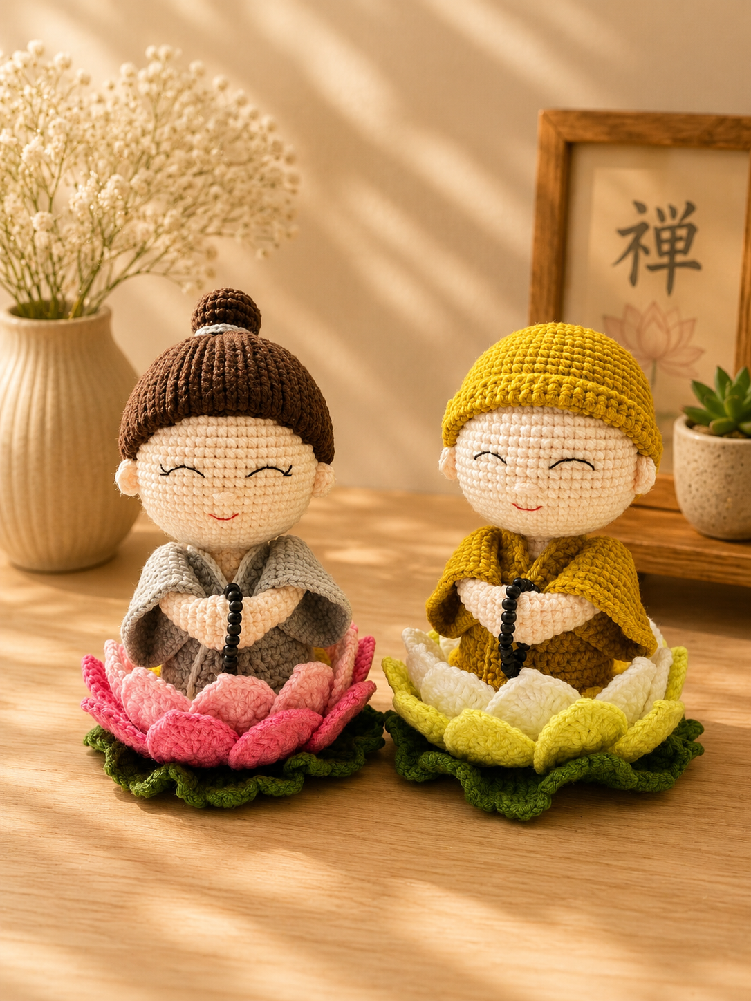 Crochet Little Monk Doll on Lotus | Handmade Amigurumi Meditation Decor & Gift
