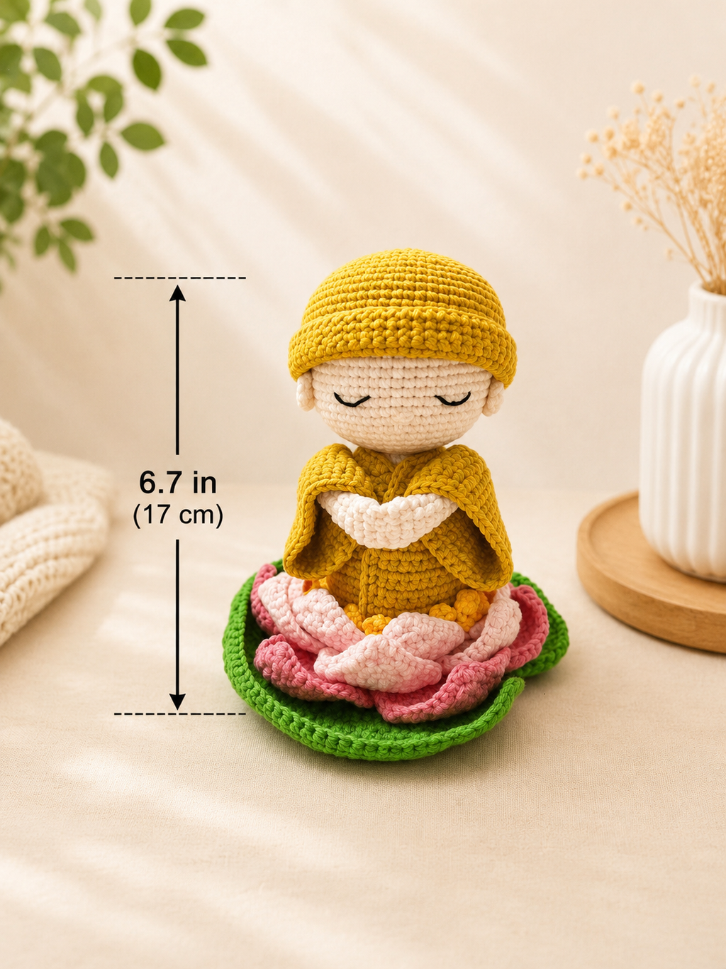 Crochet Little Monk Doll on Lotus | Handmade Amigurumi Meditation Decor & Gift