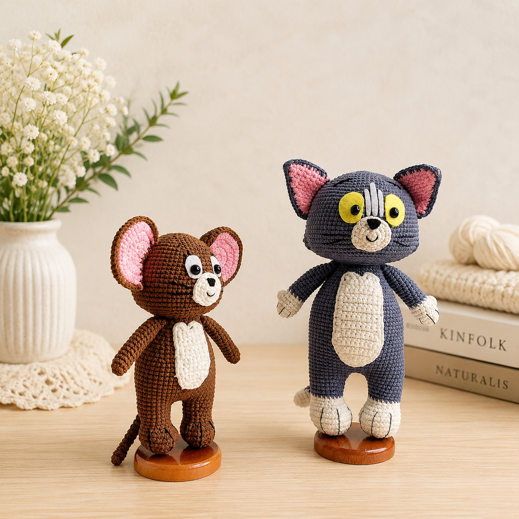 Crochet Cat and Mouse Set – Handmade Amigurumi Animals, Cute Crochet Doll Duo, Handmade Gift & Home Décor